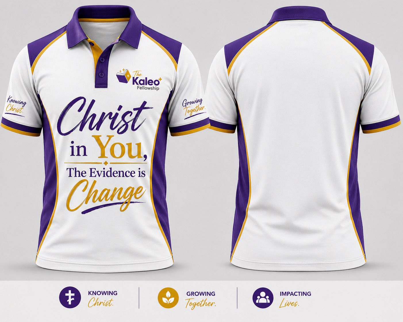 White Kaleo Fellowship polo shirt with purple and gold panels, front and back